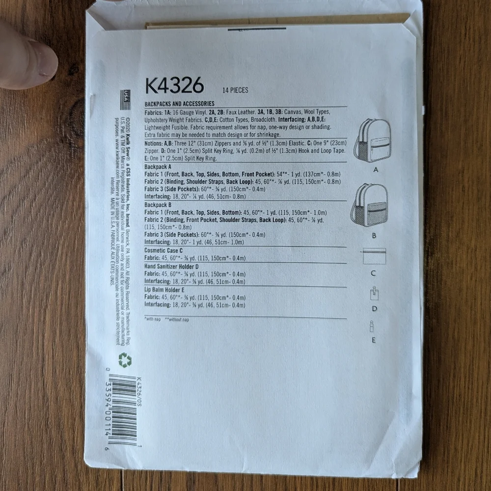 Kwik Sew K4326 Uncut New Pattern Backpack And Accessory BOGO DEAL